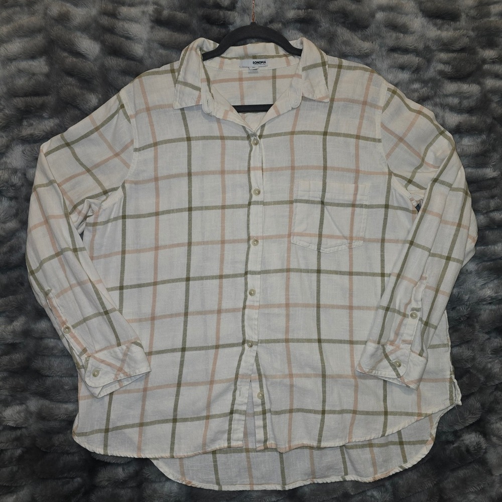 Sonoma Goods For Life Womens XL Plaid Cotton Button Down Shirt Cream Green Peach